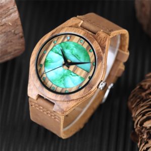Unique Letter C Shape Luxury Green Marble Dial Men's Watch Genuine Leather Wooden Watches Quartz Watches Men Relogio Masculino