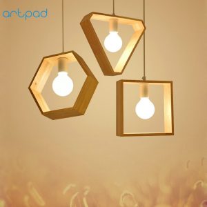 Artpad Modern Simple Wooden Pendant Lamp 1 or 3 heads Hexagon Square Triangle Shape Wood Pendant Light For Study Coffee Shop