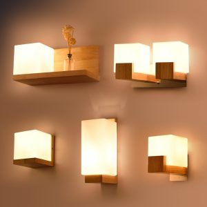 Modern Led Wooden Wall Lamps Nordic Frosted Glass Wood Lights Sconce Hallway Aisel Hotel Bedroom Minimalist Solid Wood Corridor