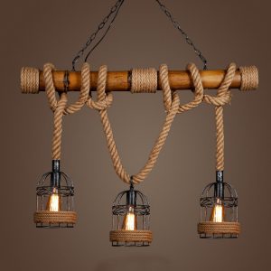 Countryside Vintage Pendant Light loft Hemp Rope Bamboo Iron Cage hanging lamp Hand Knitted Lighting Fixture for Restaurant