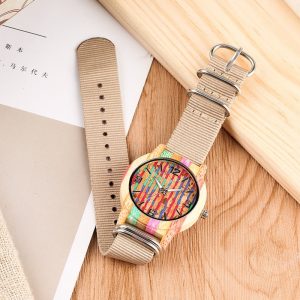 Top Gifts Slag Cork Striped Dial Retro Colorful Wood Men's Watch Unique